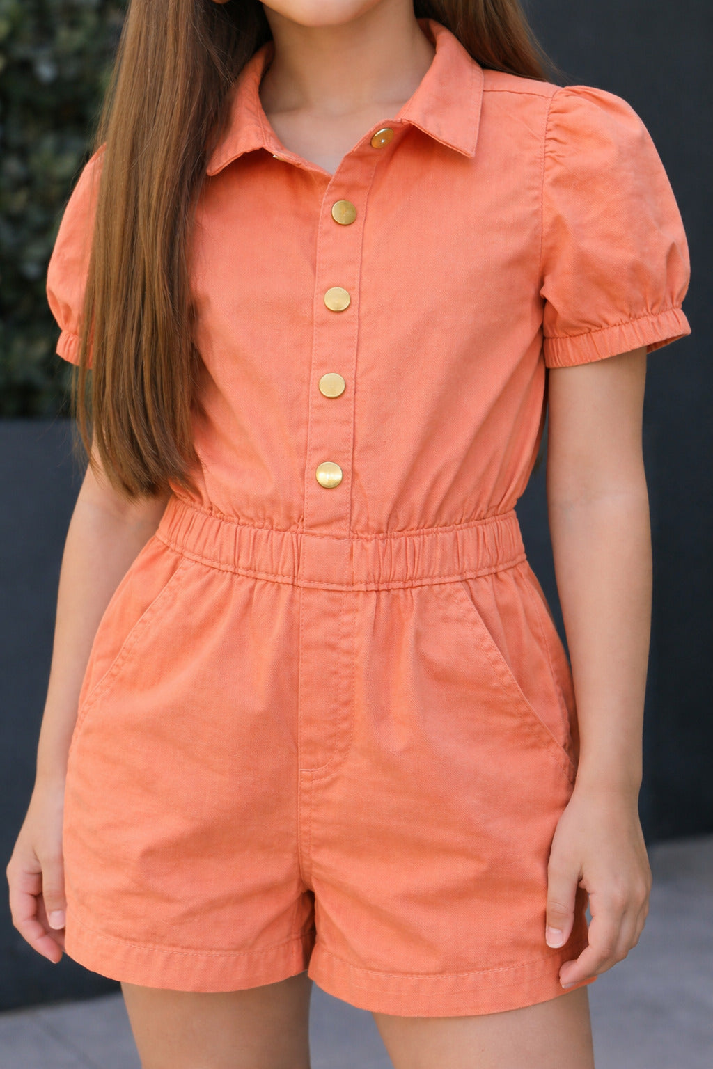 Girls Orange Floral Printed Cotton Playsuit with Elastic Waist & Front Button Detail