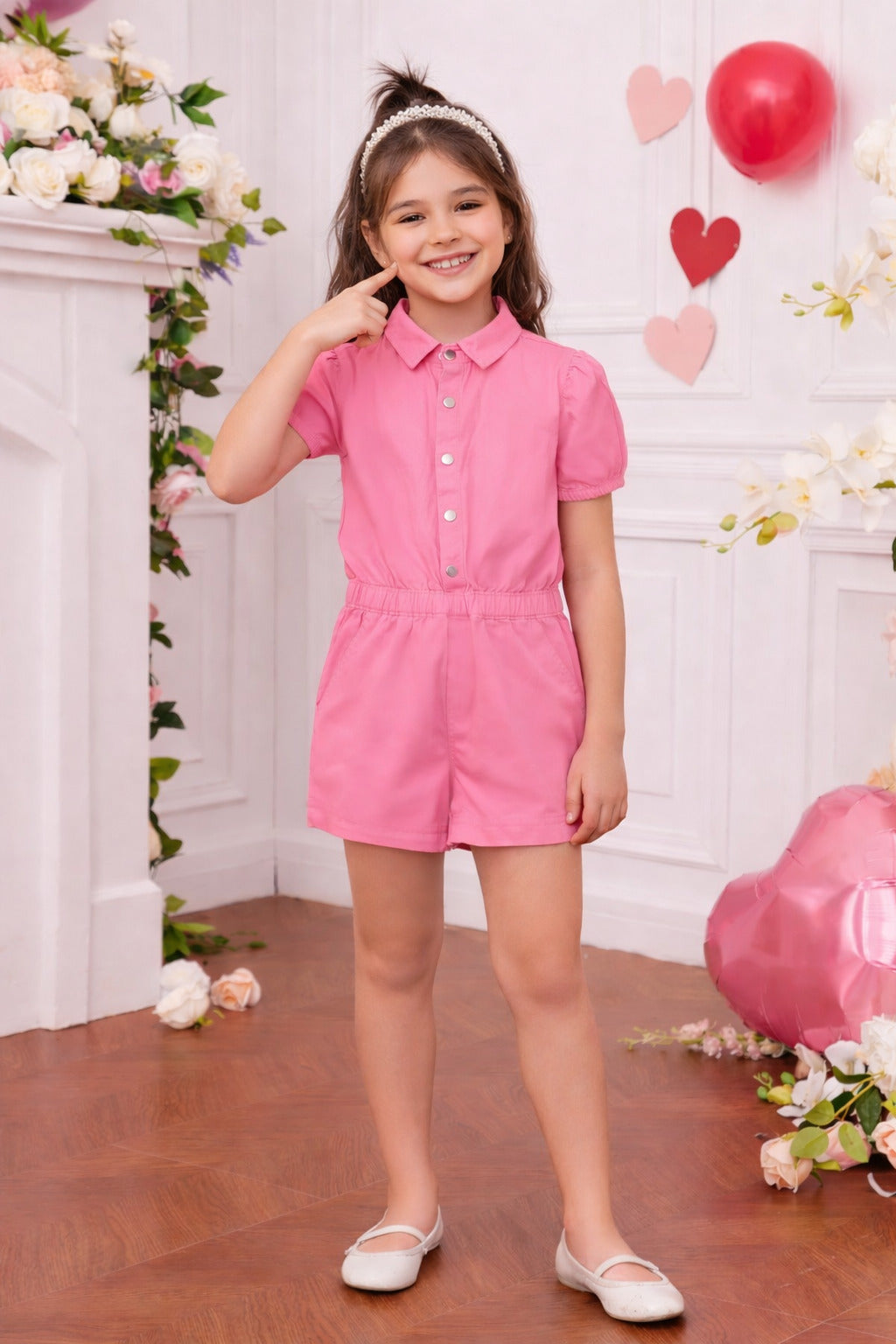Girls Pink Floral Printed Cotton Playsuit with Elastic Waist & Front Button Detail