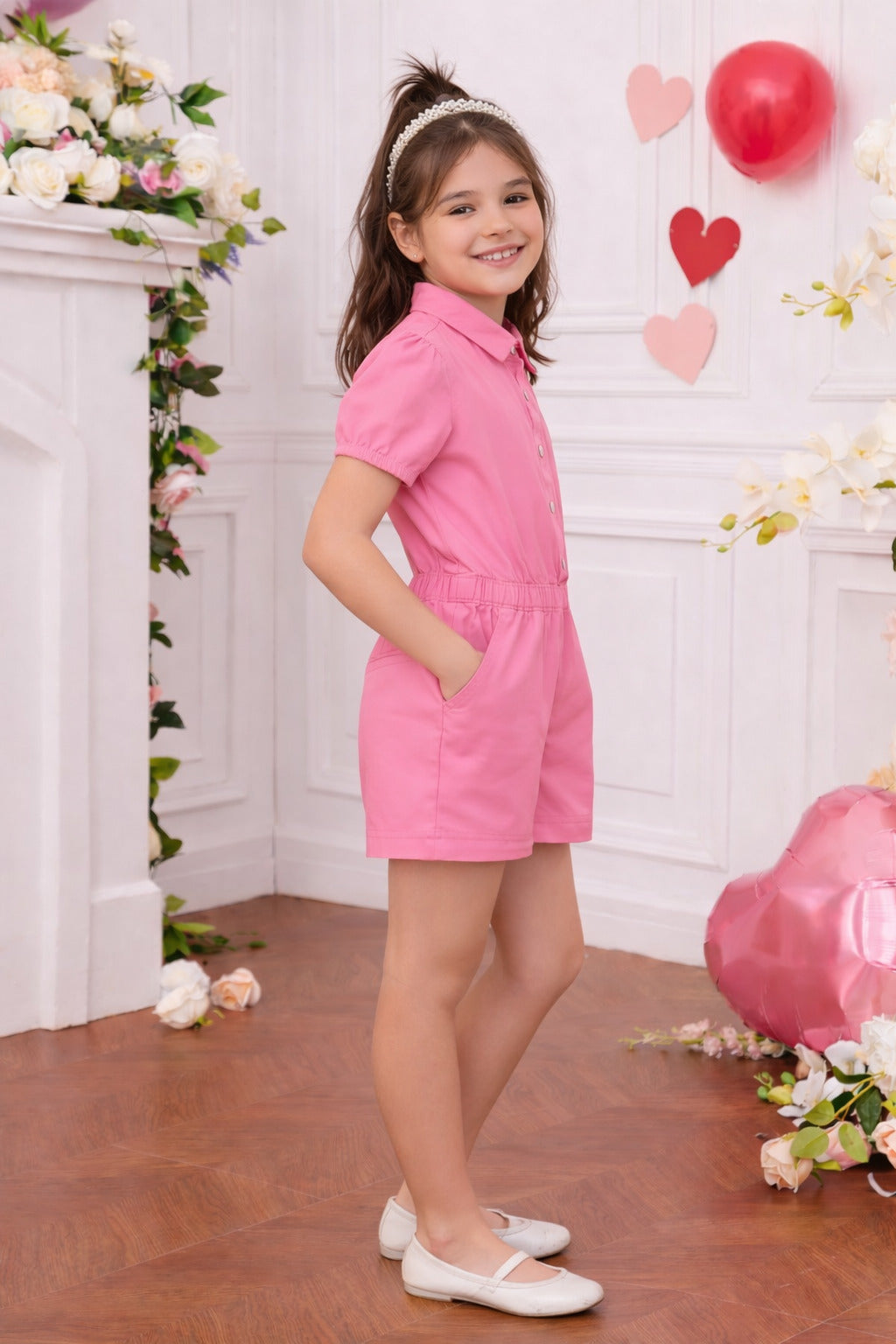 Girls Pink Floral Printed Cotton Playsuit with Elastic Waist & Front Button Detail