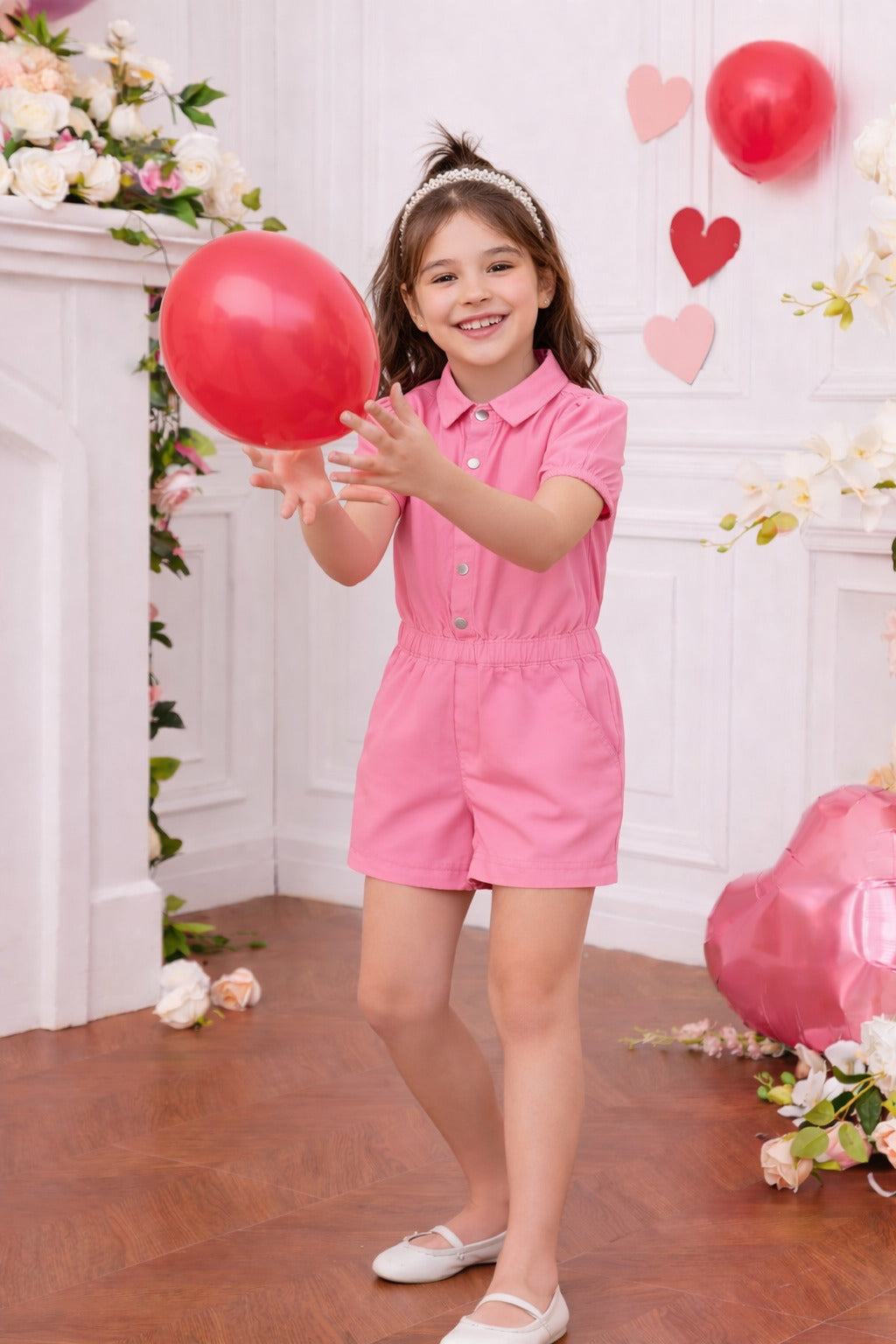 Girls Pink Floral Printed Cotton Playsuit with Elastic Waist & Front Button Detail