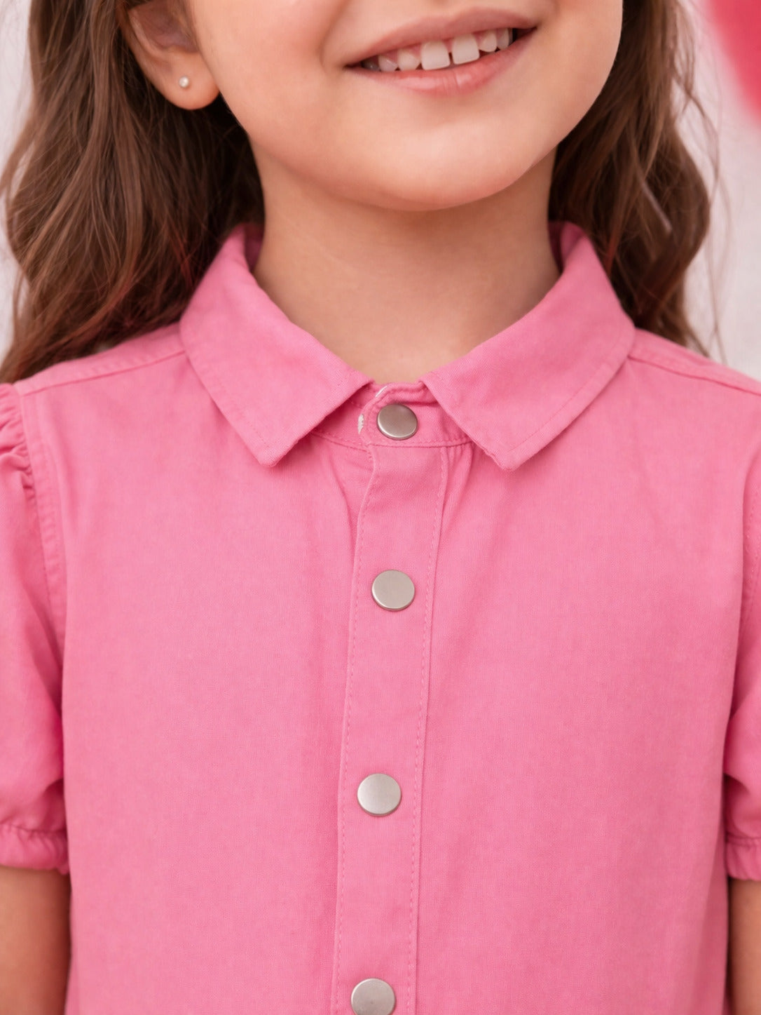 Girls Pink Floral Printed Cotton Playsuit with Elastic Waist & Front Button Detail