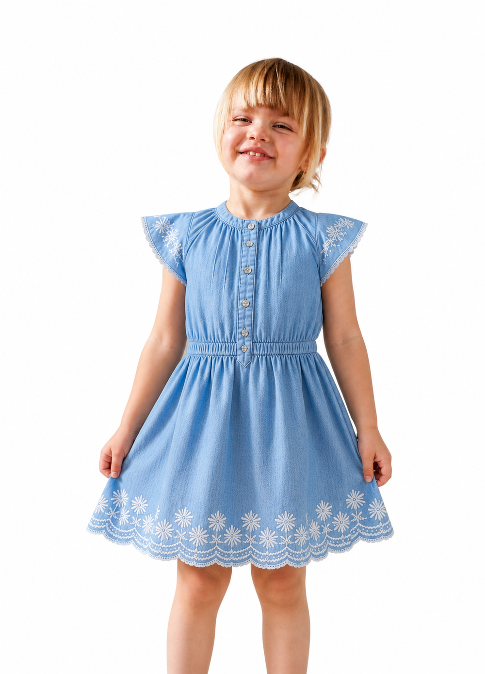AMPK Kids Sky Blue Embroidered Dress for Girls | Fit & Flare Knee Length Dress | Round Neck | Lightweight & Comfortable | Casual, Birthday & Party Wear