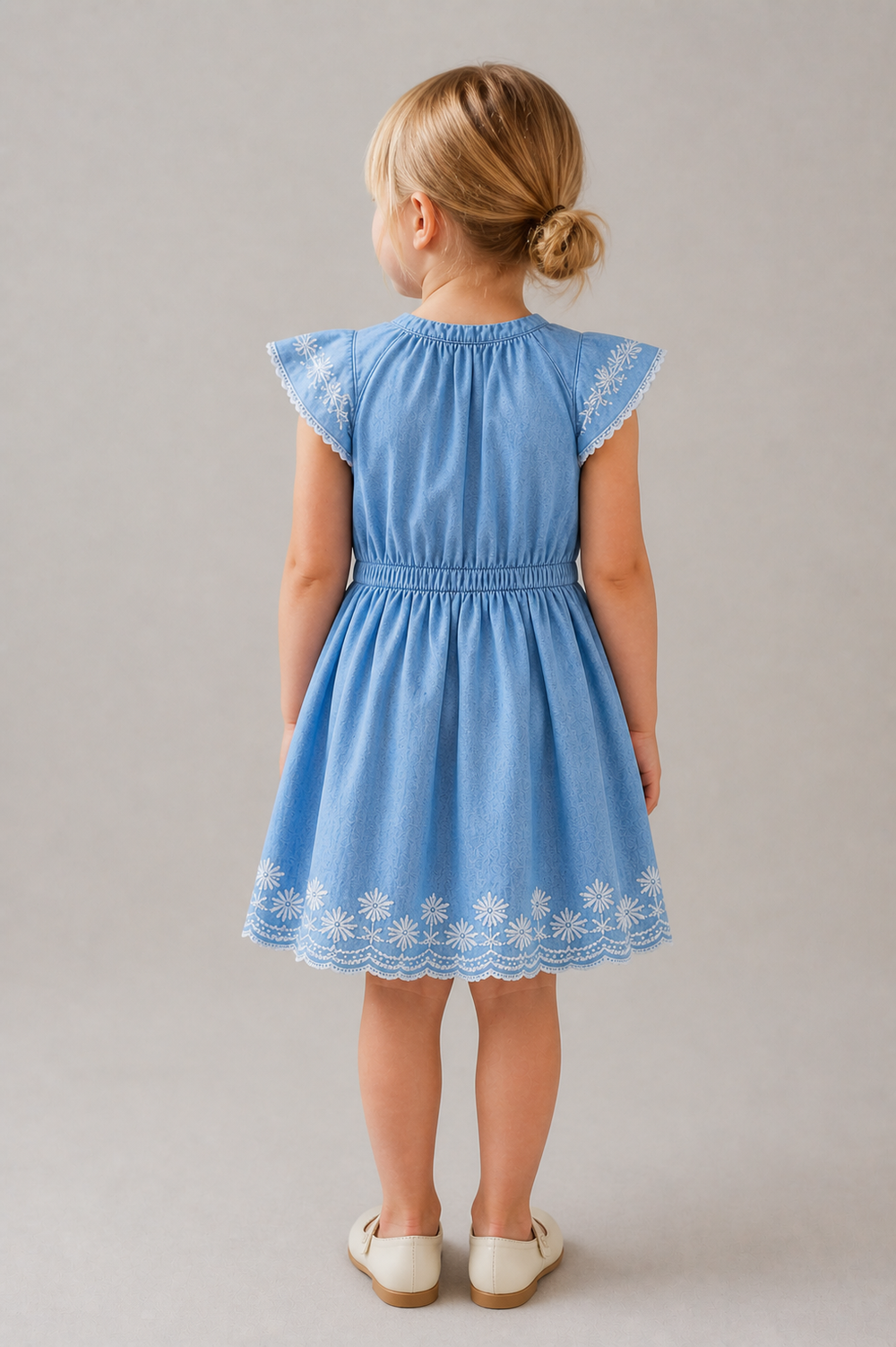 AMPK Kids Sky Blue Embroidered Dress for Girls | Fit & Flare Knee Length Dress | Round Neck | Lightweight & Comfortable | Casual, Birthday & Party Wear