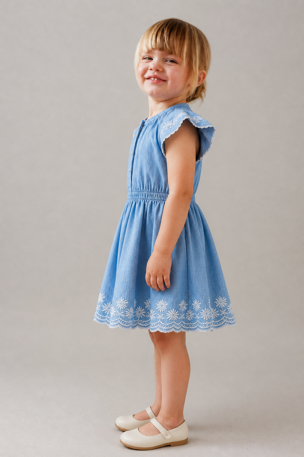 AMPK Kids Sky Blue Embroidered Dress for Girls | Fit & Flare Knee Length Dress | Round Neck | Lightweight & Comfortable | Casual, Birthday & Party Wear