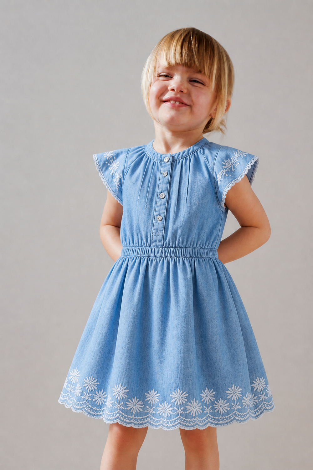 AMPK Kids Sky Blue Embroidered Dress for Girls | Fit & Flare Knee Length Dress | Round Neck | Lightweight & Comfortable | Casual, Birthday & Party Wear