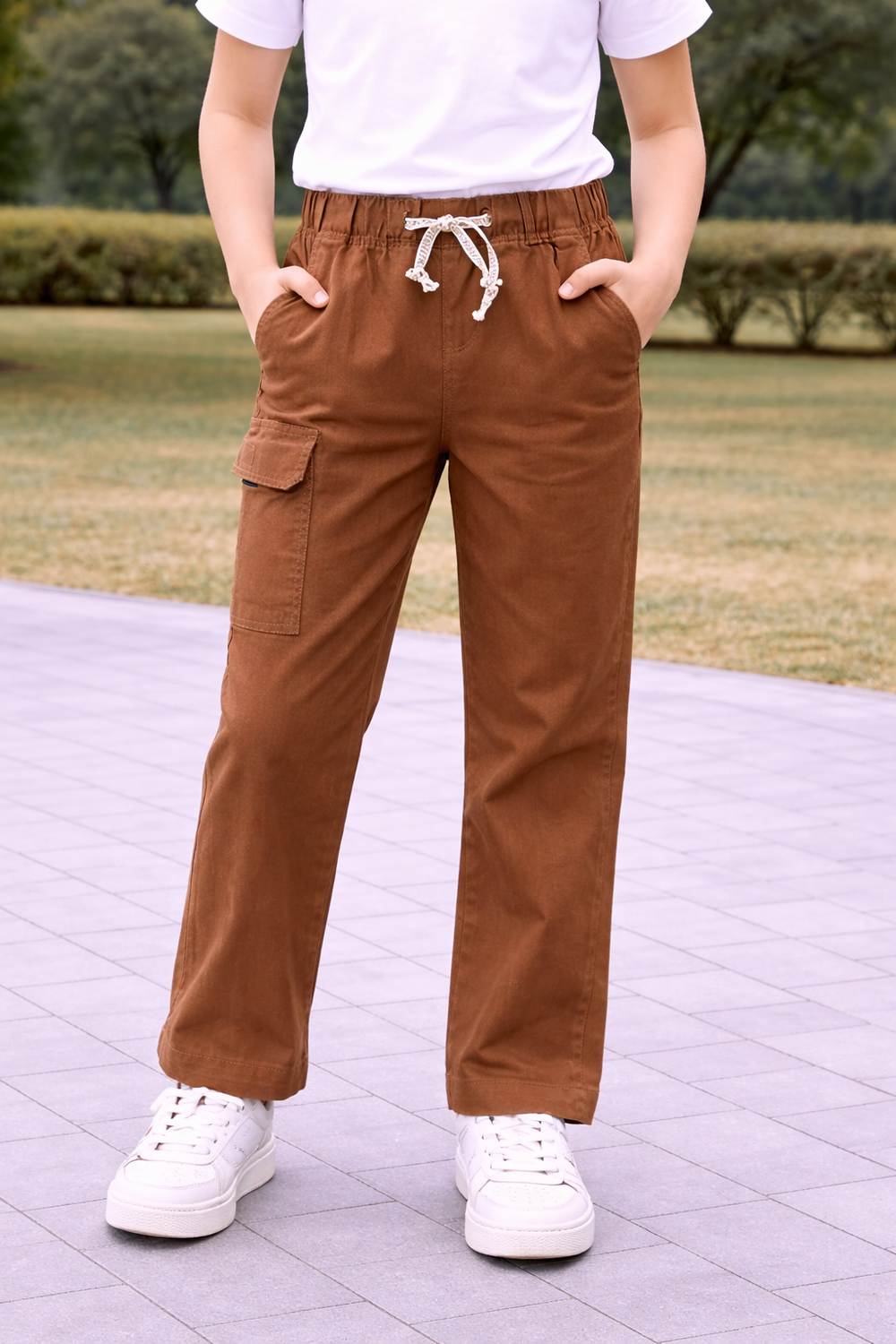 AMPK Kids Cotton Cargo Pants for Boys & Girls | Elastic Waist with Drawstring | Relaxed Fit | Mid Rise | 6 Pocket Casual Trousers | Brown