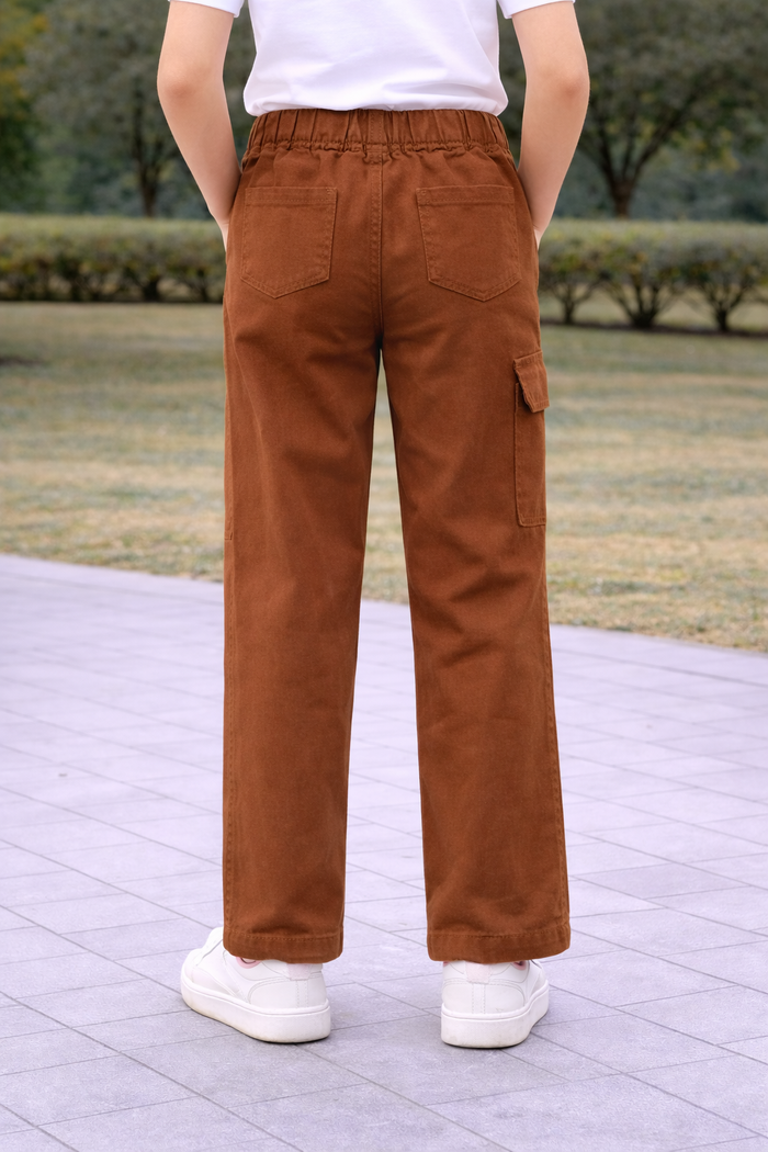 AMPK Kids Cotton Cargo Pants for Boys & Girls | Elastic Waist with Drawstring | Relaxed Fit | Mid Rise | 6 Pocket Casual Trousers | Brown