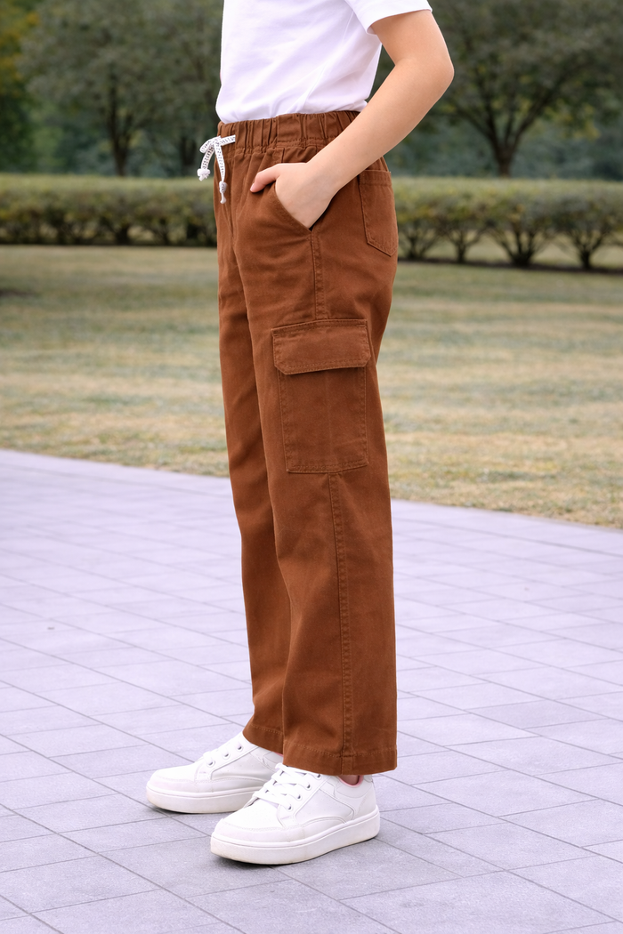 AMPK Kids Cotton Cargo Pants for Boys & Girls | Elastic Waist with Drawstring | Relaxed Fit | Mid Rise | 6 Pocket Casual Trousers | Brown
