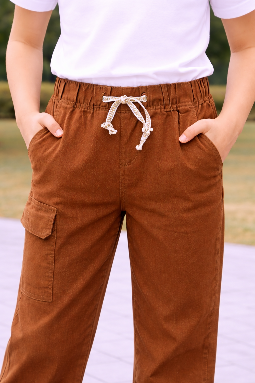 AMPK Kids Cotton Cargo Pants for Boys & Girls | Elastic Waist with Drawstring | Relaxed Fit | Mid Rise | 6 Pocket Casual Trousers | Brown