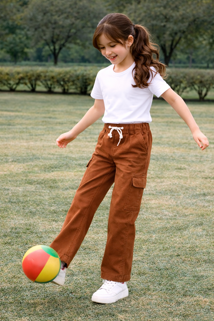 AMPK Kids Cotton Cargo Pants for Boys & Girls | Elastic Waist with Drawstring | Relaxed Fit | Mid Rise | 6 Pocket Casual Trousers | Brown