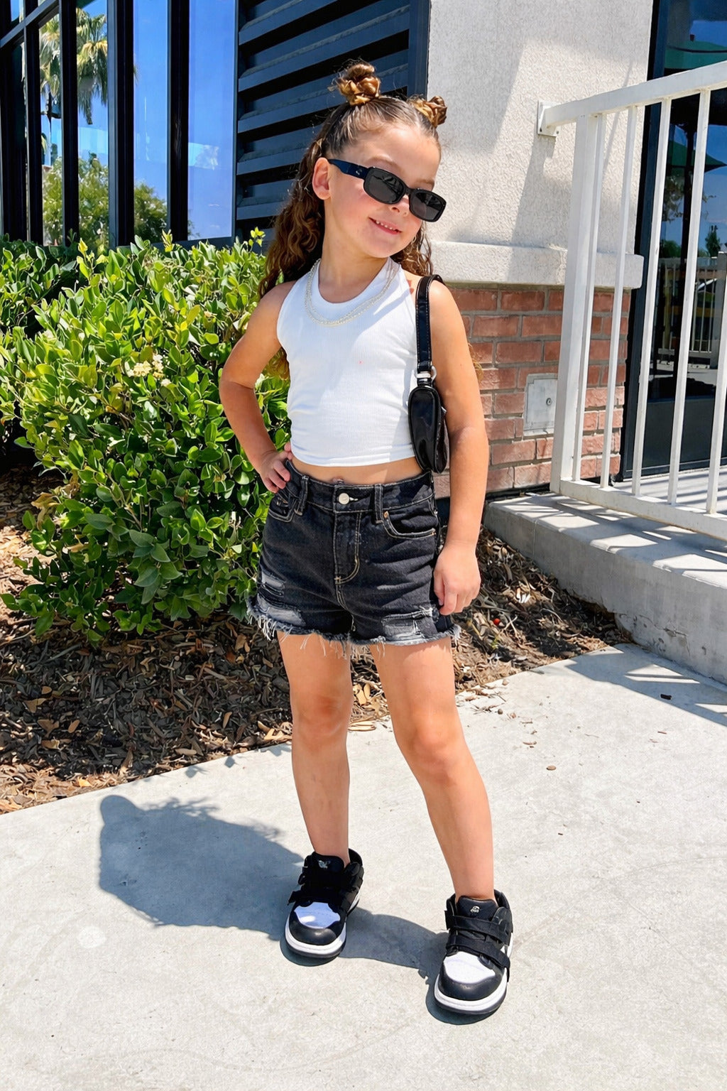 Girls Washed Black Denim Shorts – Distressed Ripped Casual Shorts with Frayed Hem