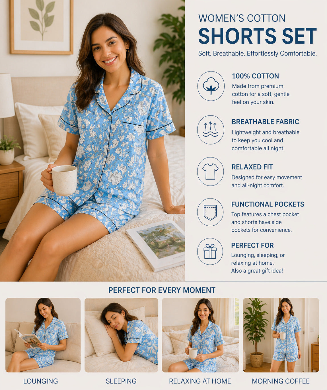 Cotton blue floral Shorts Set
