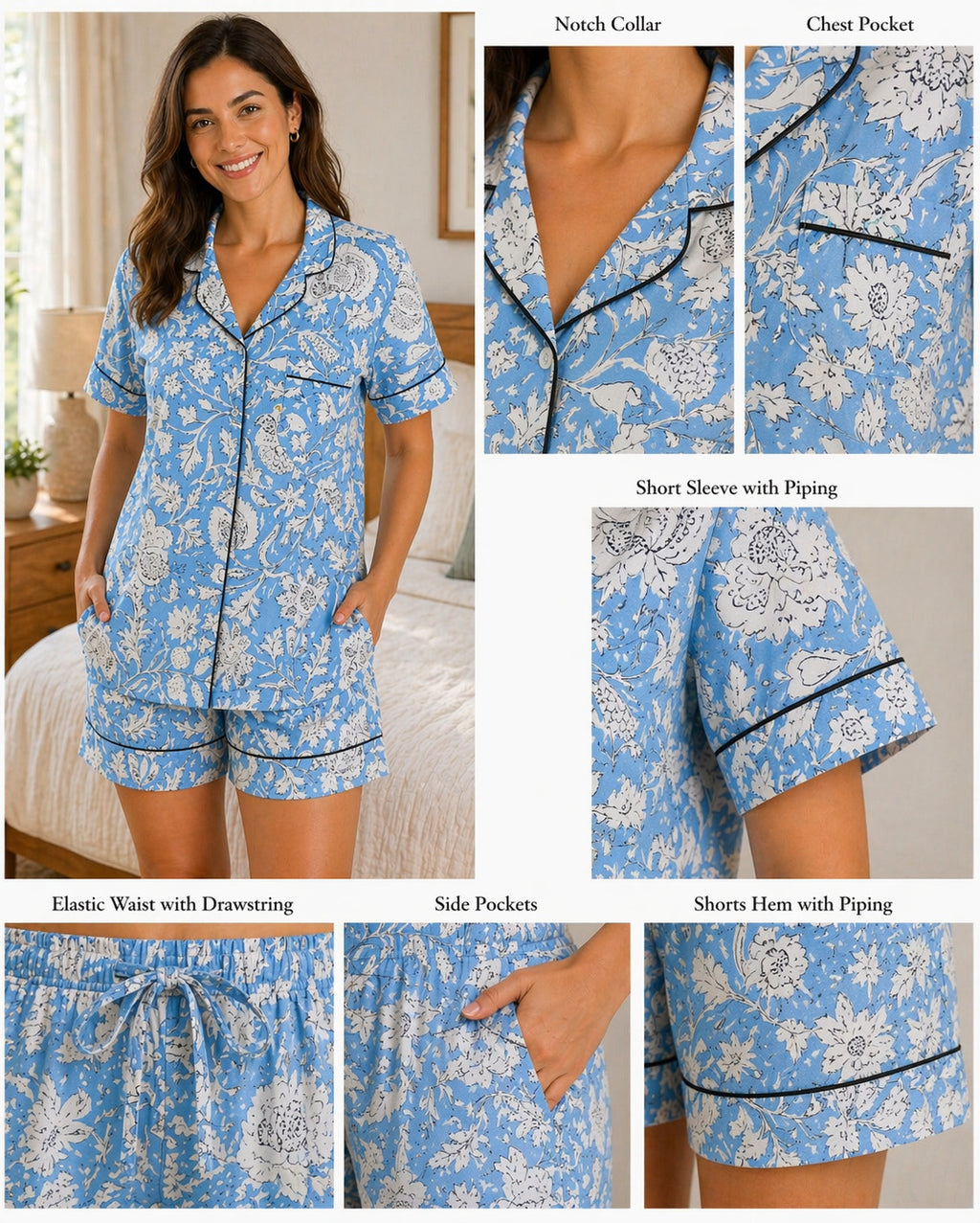 Cotton blue floral Shorts Set