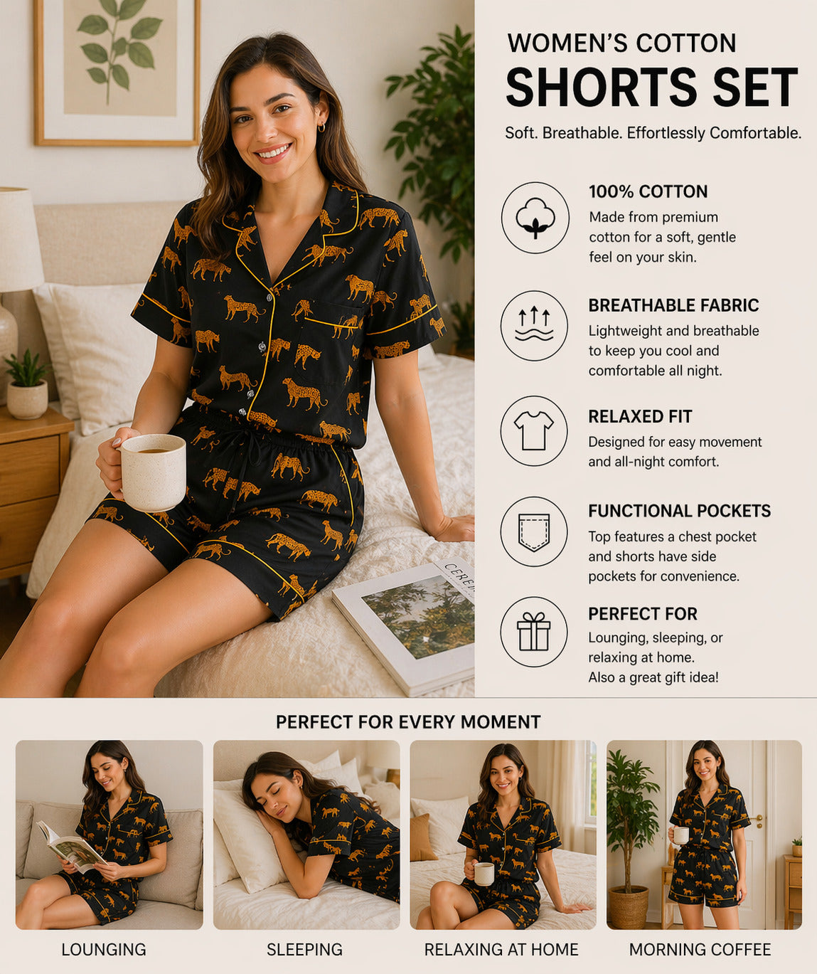 Black safari cotton Shorts Set