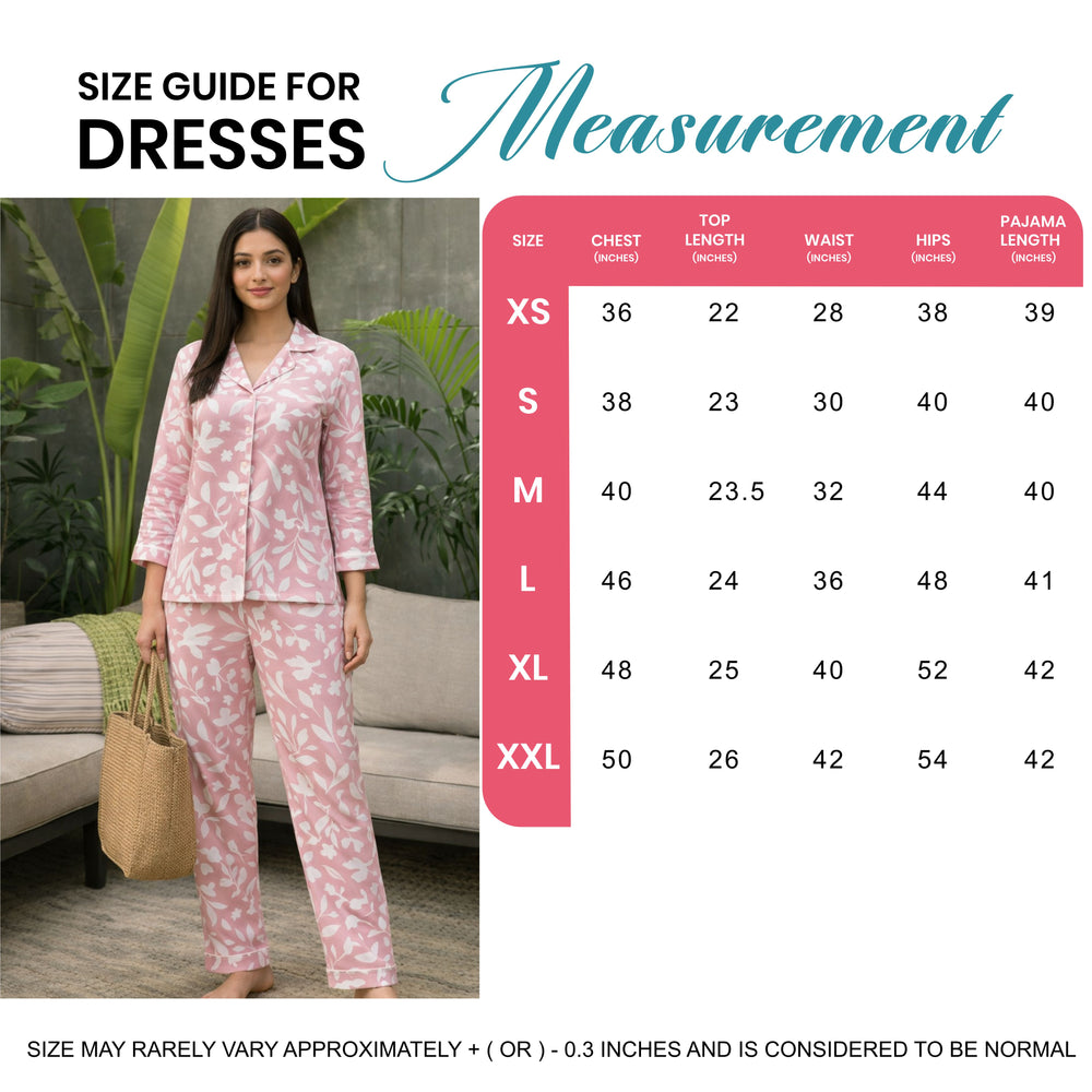 Pink Leaf Print Cotton Night Suit