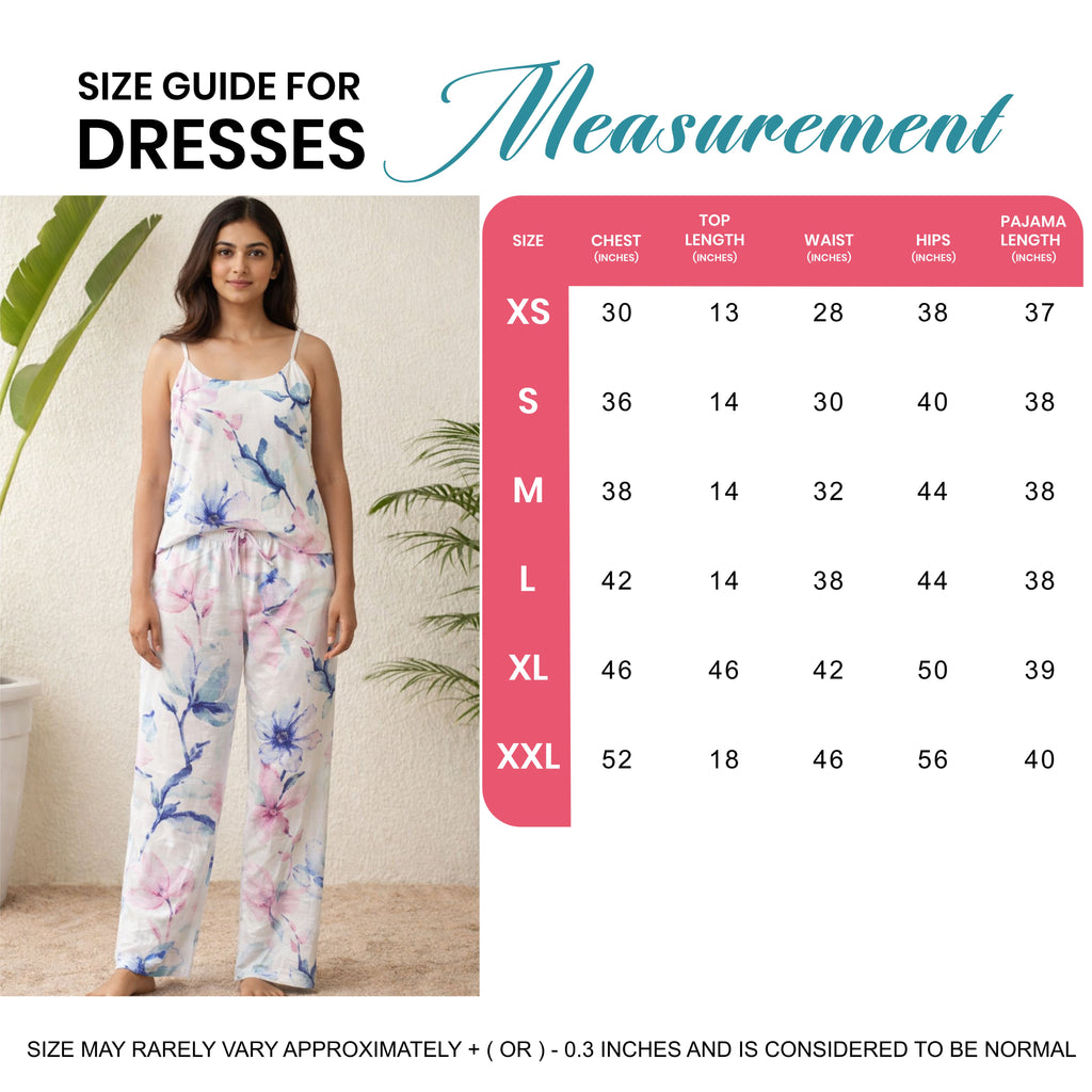 Women’s Cotton Floral Print Night Suit | Sleeveless Camisole Top with Elastic Waist Pajama | Soft & Breathable Loungewear Set for Women