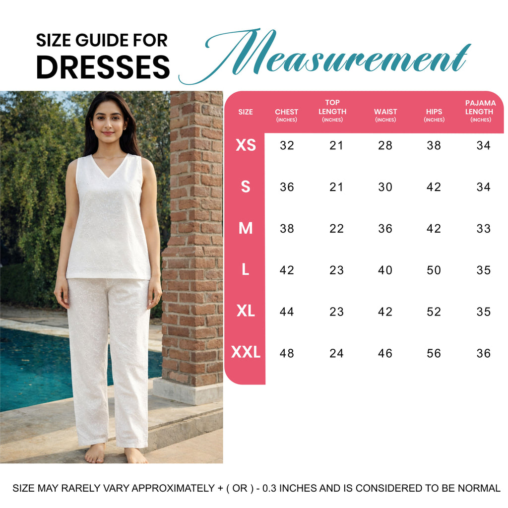 Women’s Cotton Chikankari Night Suit | Sleeveless V-Neck Top with Elastic Waist Pajama | Soft & Breathable Loungewear Set for Women