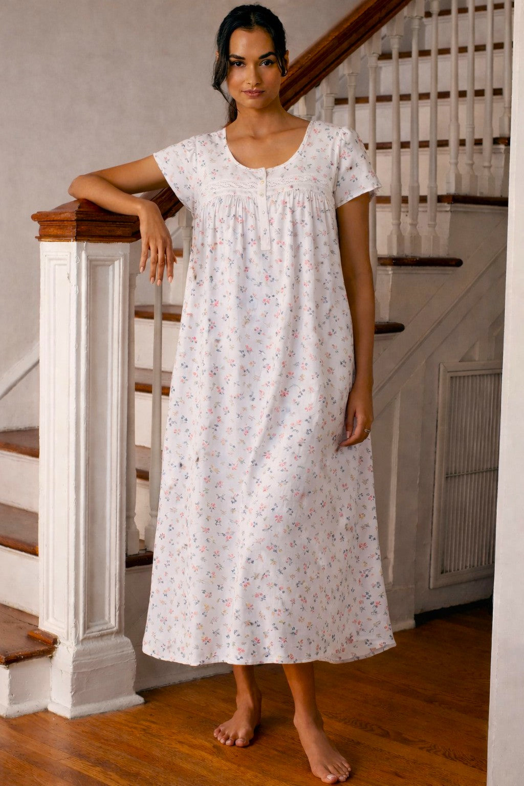 Women’s Soft Cotton Floral Nighty Dress | Elegant Printed Lounge & Sleepwear Maxi Gown