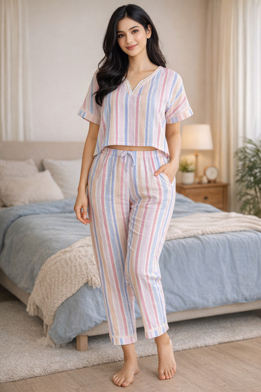Women’s Cotton Striped Night Suit Set | Short Sleeve Top with Elastic Waist Pajama | Soft, Breathable & Comfortable Sleepwear for Women