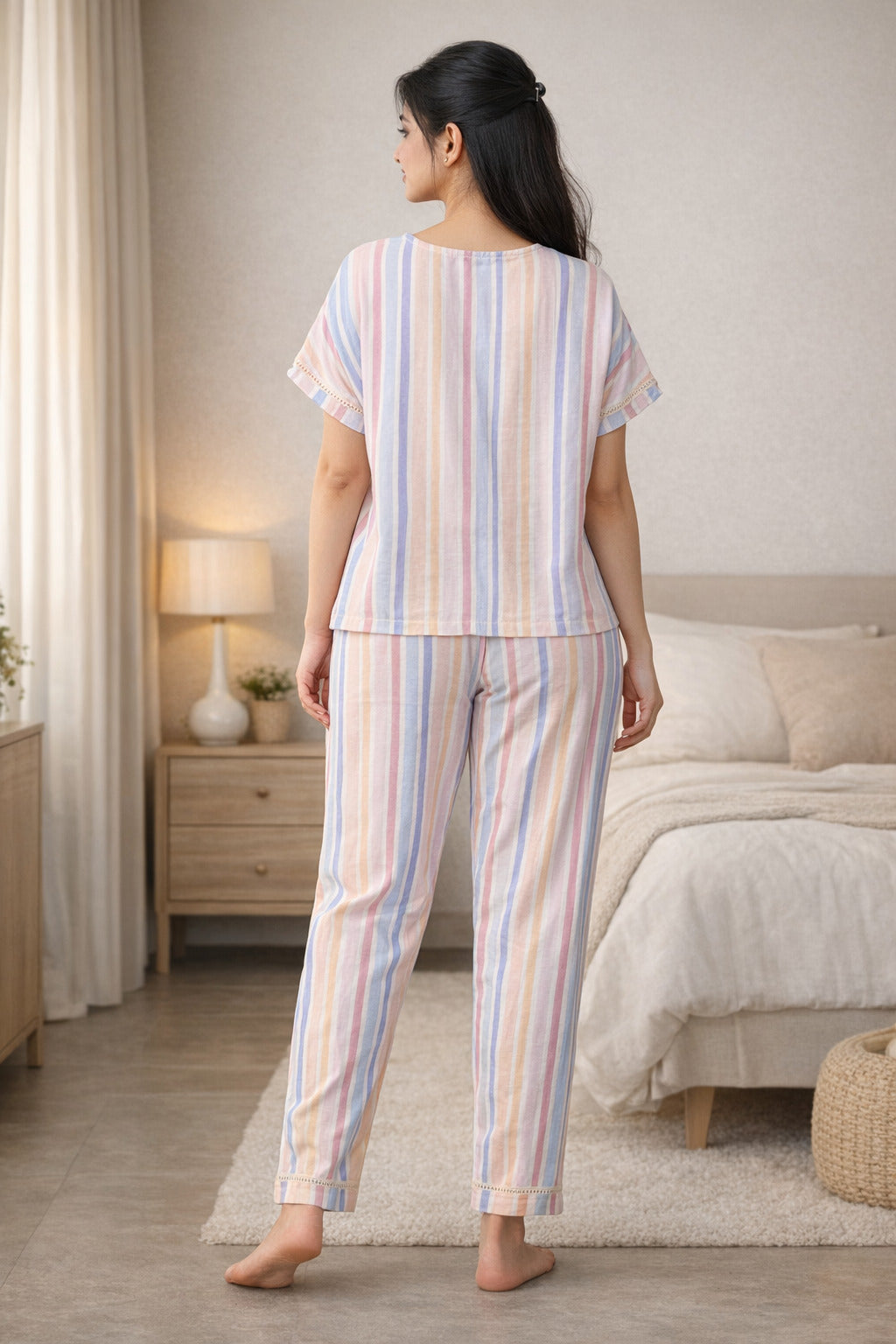 Women’s Cotton Striped Night Suit Set | Short Sleeve Top with Elastic Waist Pajama | Soft, Breathable & Comfortable Sleepwear for Women