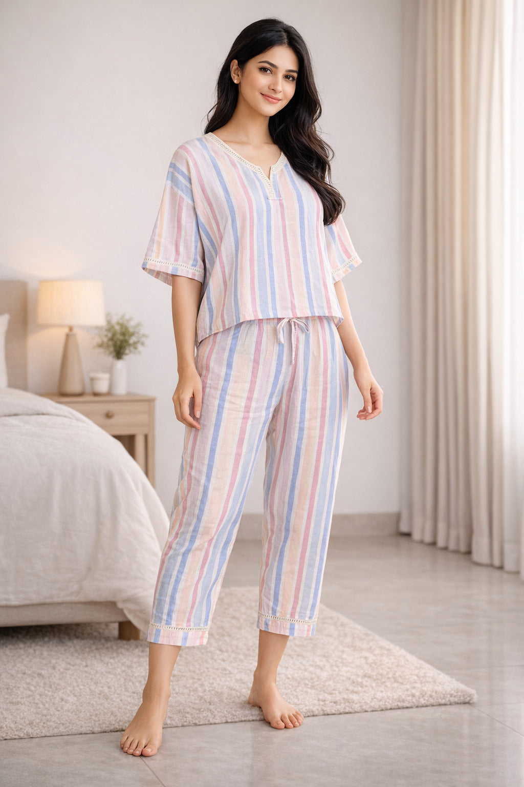 Women’s Cotton Striped Night Suit Set | Short Sleeve Top with Elastic Waist Pajama | Soft, Breathable & Comfortable Sleepwear for Women