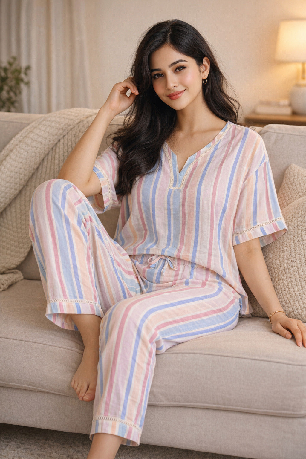 Women’s Cotton Striped Night Suit Set | Short Sleeve Top with Elastic Waist Pajama | Soft, Breathable & Comfortable Sleepwear for Women