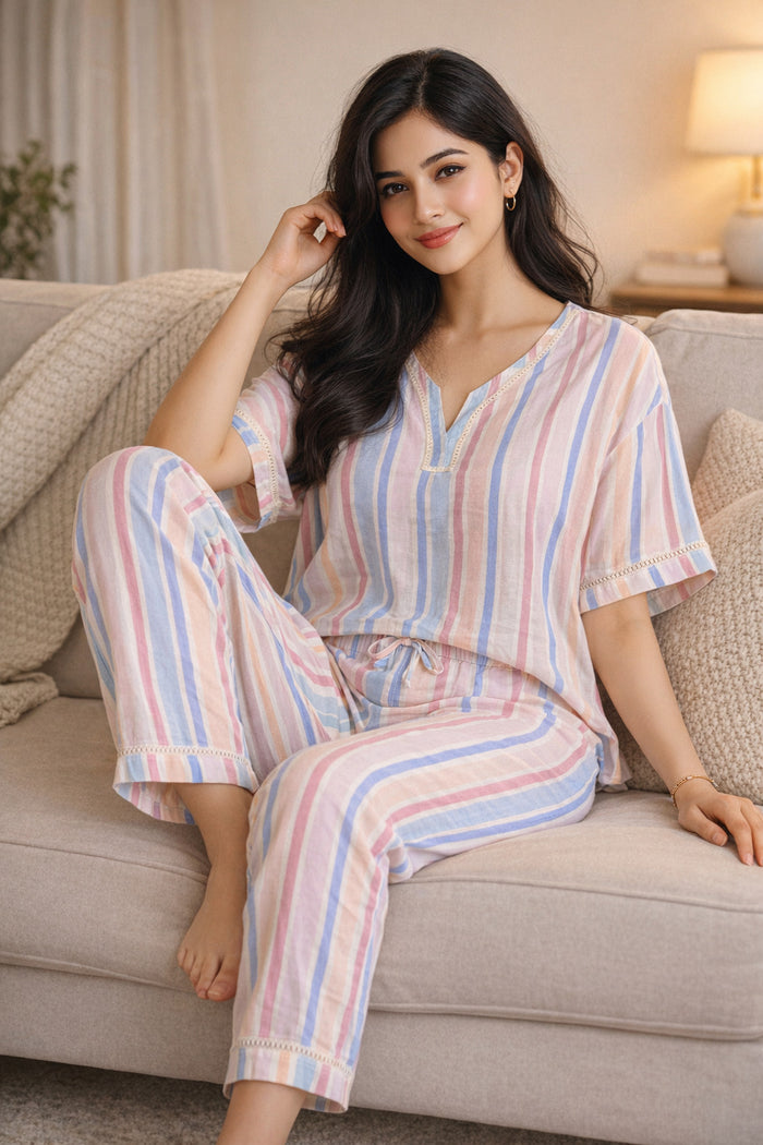 Pink Striped Cotton Night Suit