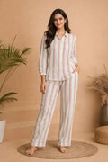 Women’s Cotton Striped Full Sleeve Night Suit | Button-Down Shirt Top with Elastic Waist Pajama | Soft, Breathable Loungewear Set for Women