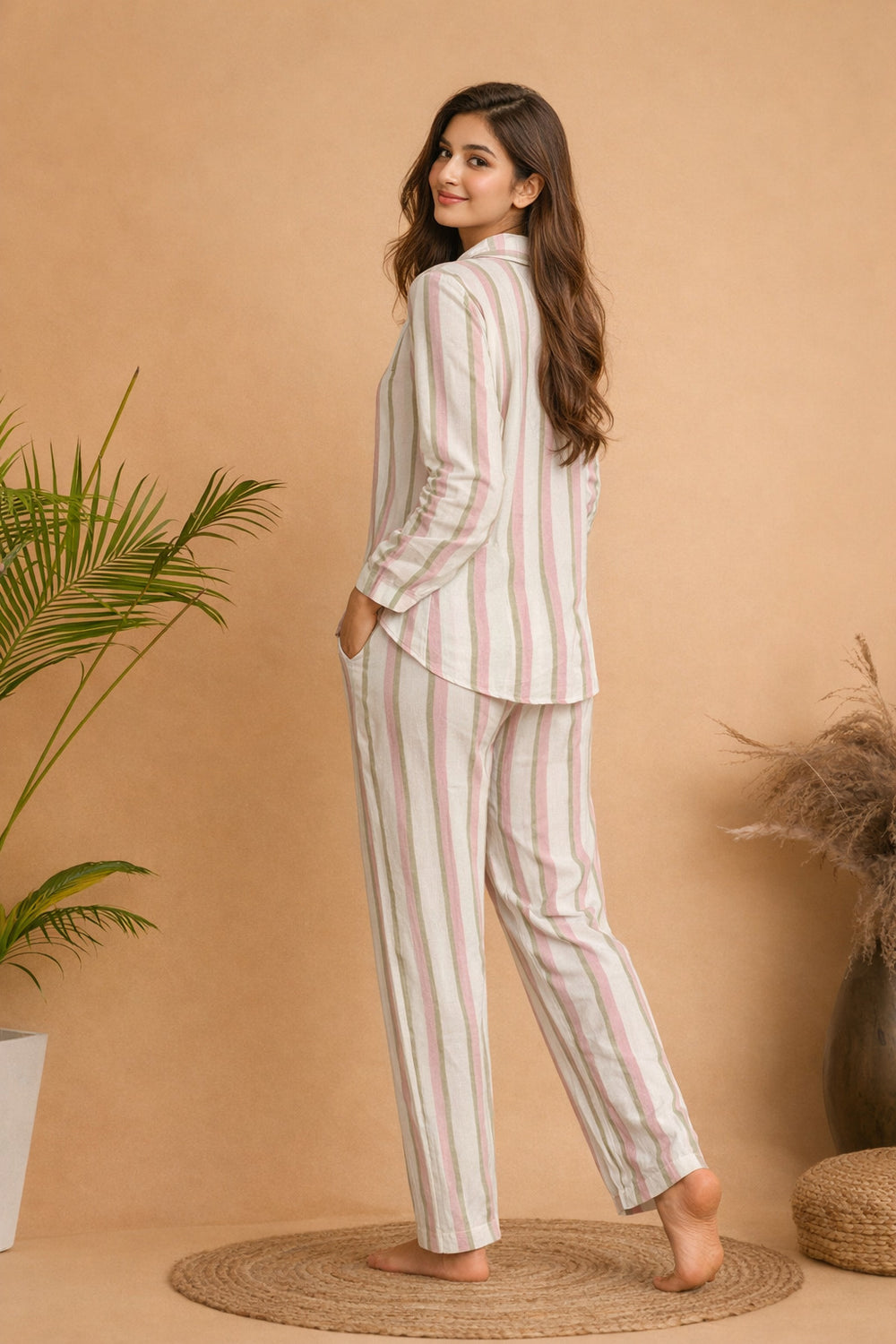 White Striped Cotton Night Suit