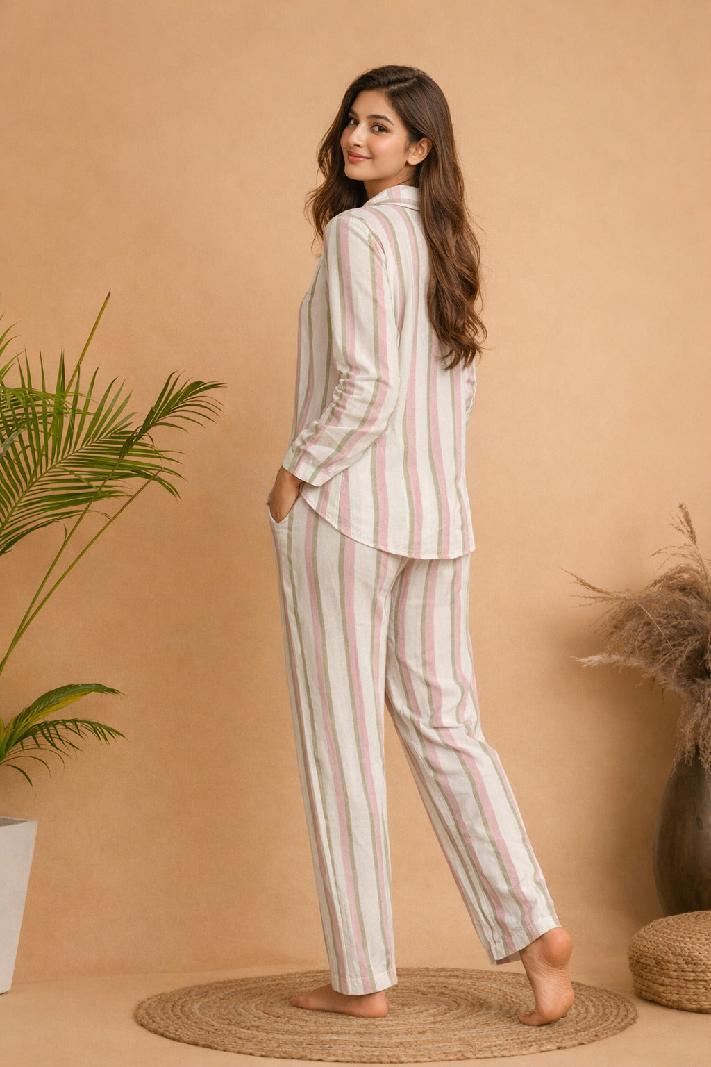 Women’s Cotton Striped Full Sleeve Night Suit | Button-Down Shirt Top with Elastic Waist Pajama | Soft, Breathable Loungewear Set for Women