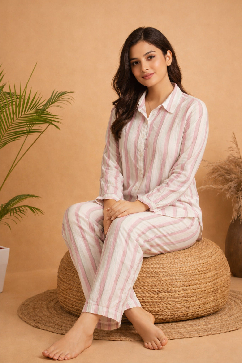 Women’s Cotton Striped Full Sleeve Night Suit | Button-Down Shirt Top with Elastic Waist Pajama | Soft, Breathable Loungewear Set for Women