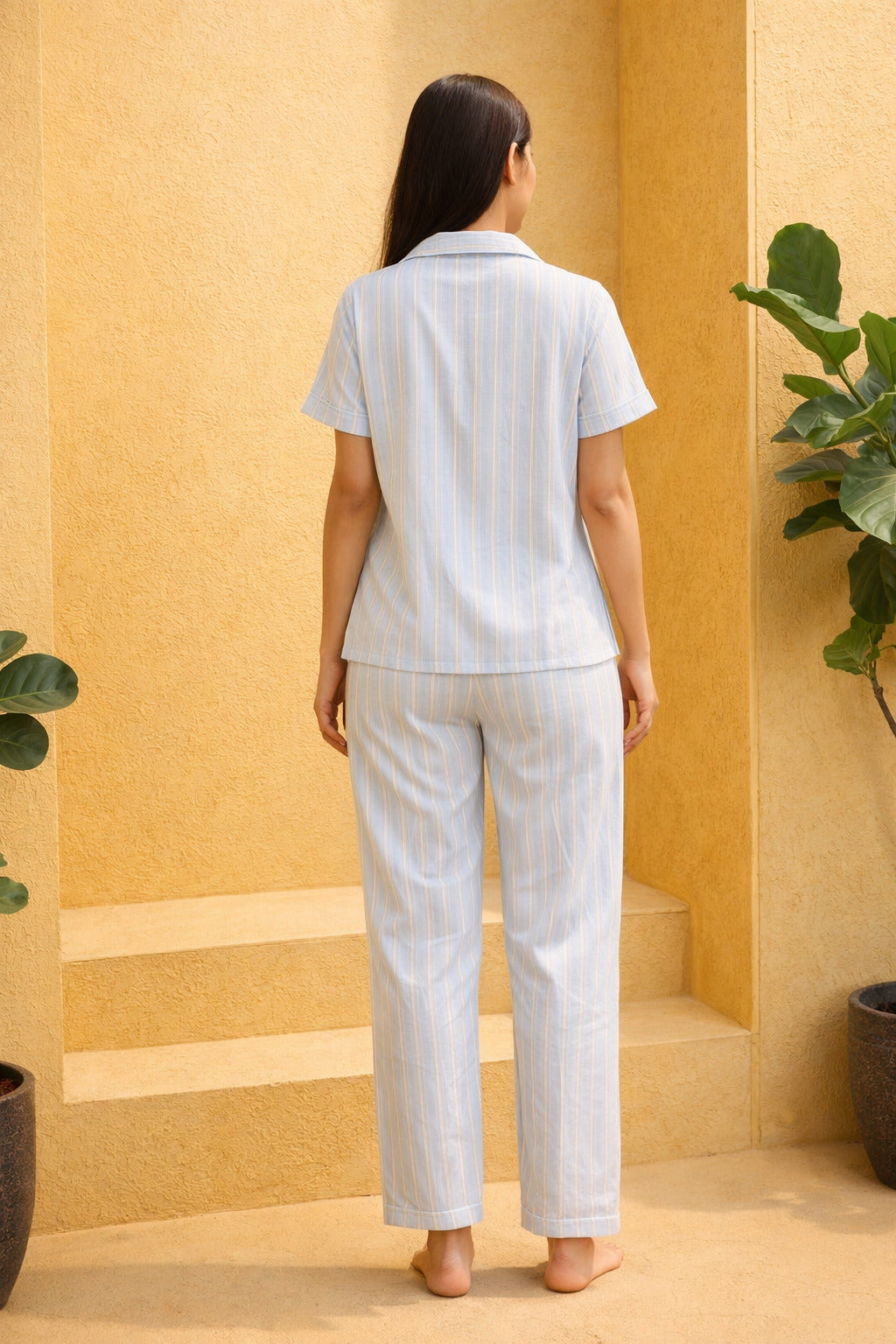 Women’s Cotton Striped Night Suit | Short Sleeve Button-Down Shirt with Elastic Waist Pajama | Soft & Breathable Sleepwear Set for Women