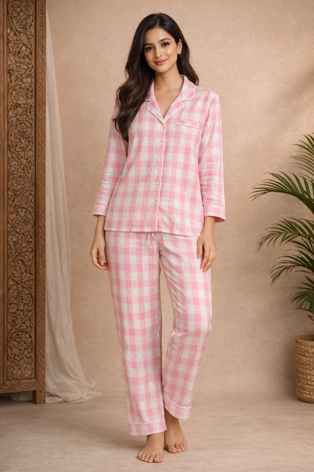 Women’s Cotton Checkered Night Suit | Full Sleeve Button-Down Shirt with Elastic Waist Pajama | Soft & Breathable Loungewear Set for Women