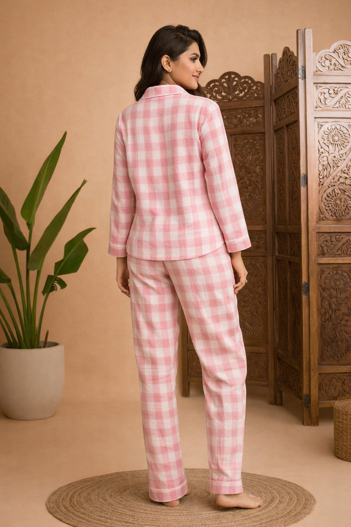 Pink Checkered Cotton Night Suit