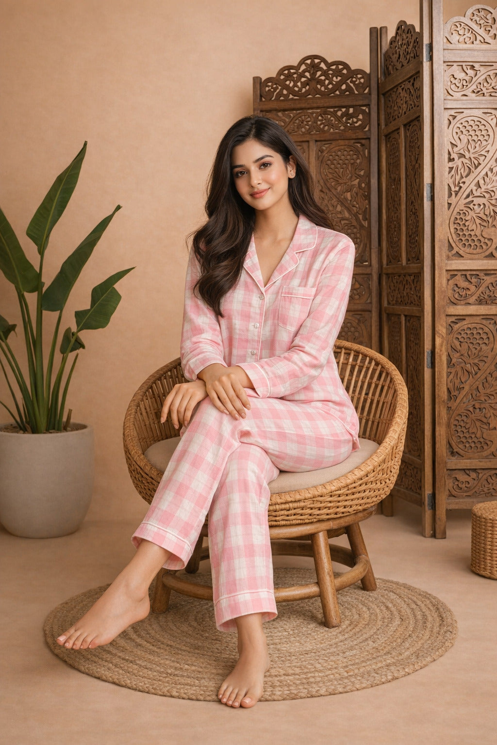 Women’s Cotton Checkered Night Suit | Full Sleeve Button-Down Shirt with Elastic Waist Pajama | Soft & Breathable Loungewear Set for Women