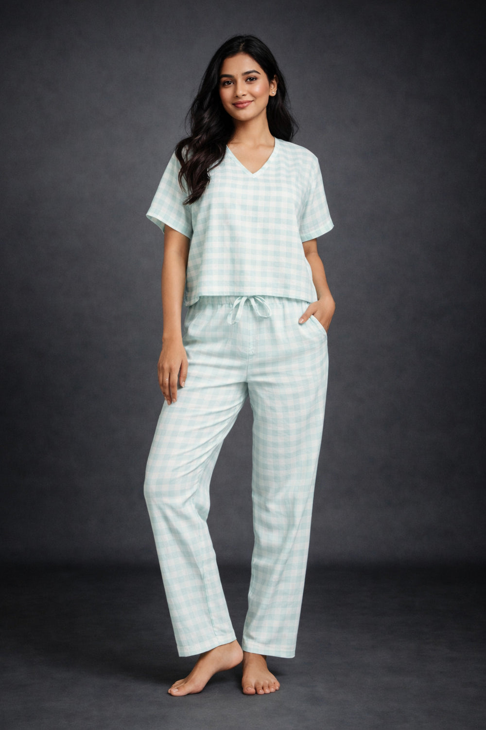 Green Checkered Cotton Night Suit