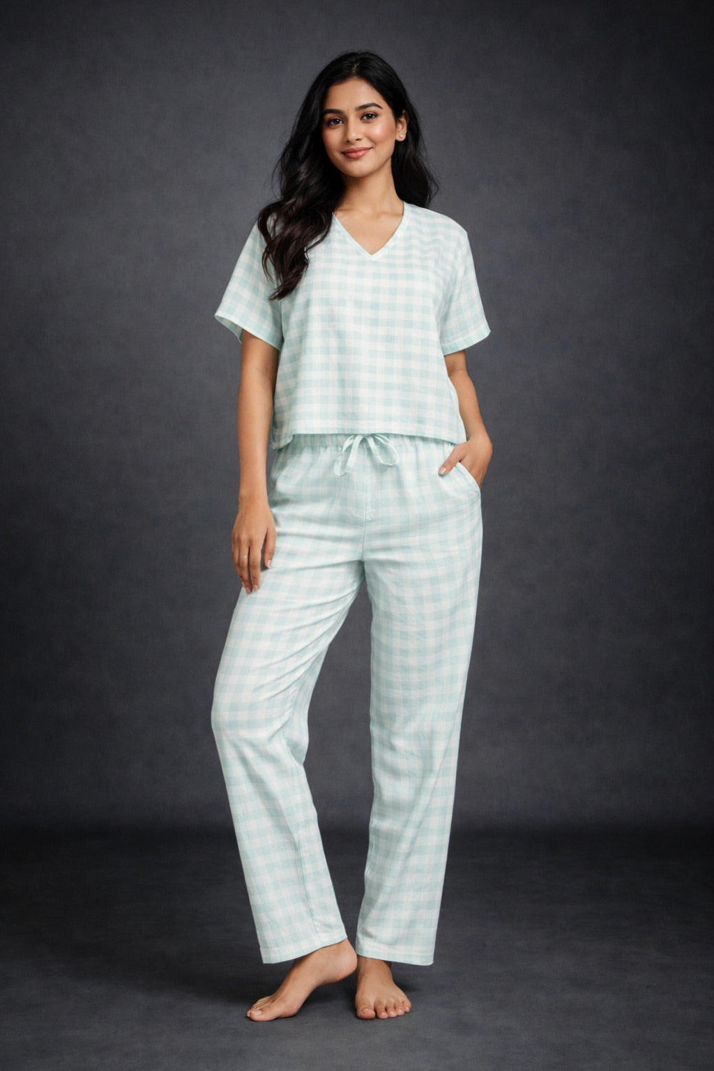 Women’s Cotton Checkered Night Suit | Short Sleeve V-Neck Top with Elastic Waist Pajama | Soft & Breathable Loungewear Set for Women