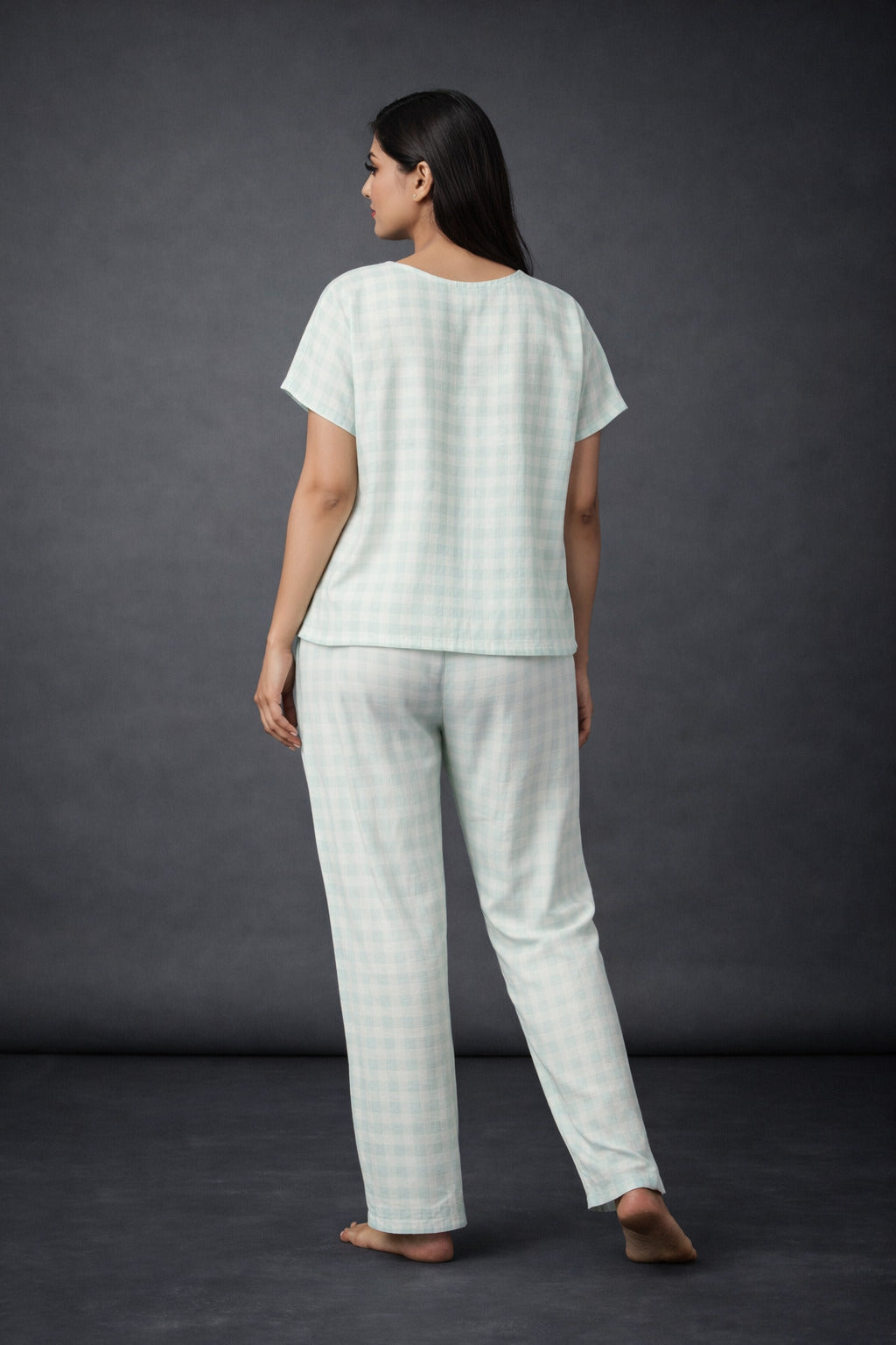 Women’s Cotton Checkered Night Suit | Short Sleeve V-Neck Top with Elastic Waist Pajama | Soft & Breathable Loungewear Set for Women
