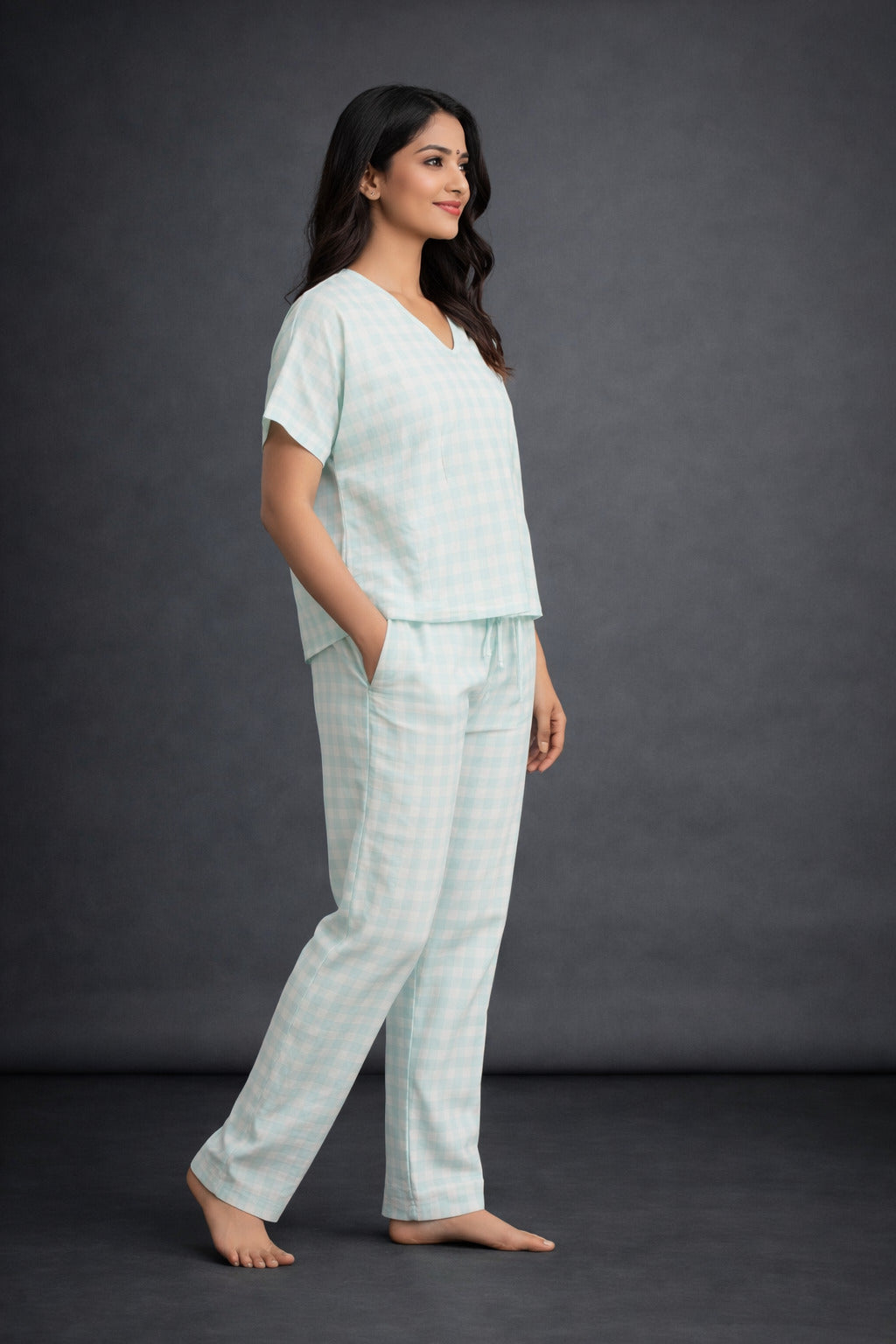 Women’s Cotton Checkered Night Suit | Short Sleeve V-Neck Top with Elastic Waist Pajama | Soft & Breathable Loungewear Set for Women