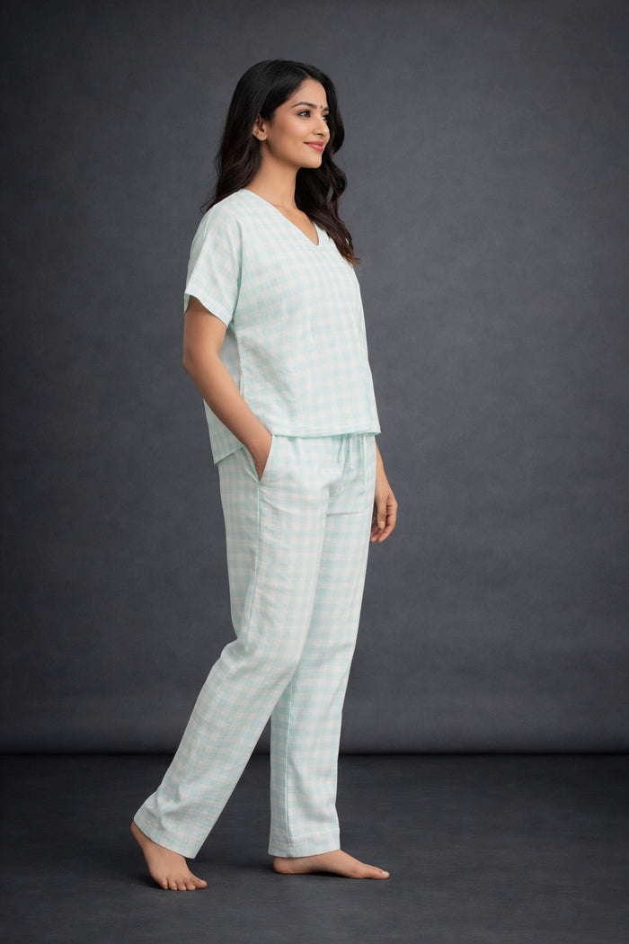 Green Checkered Cotton Night Suit