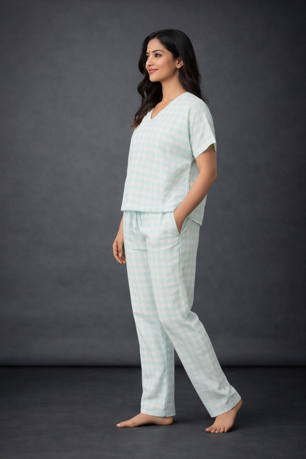Women’s Cotton Checkered Night Suit | Short Sleeve V-Neck Top with Elastic Waist Pajama | Soft & Breathable Loungewear Set for Women