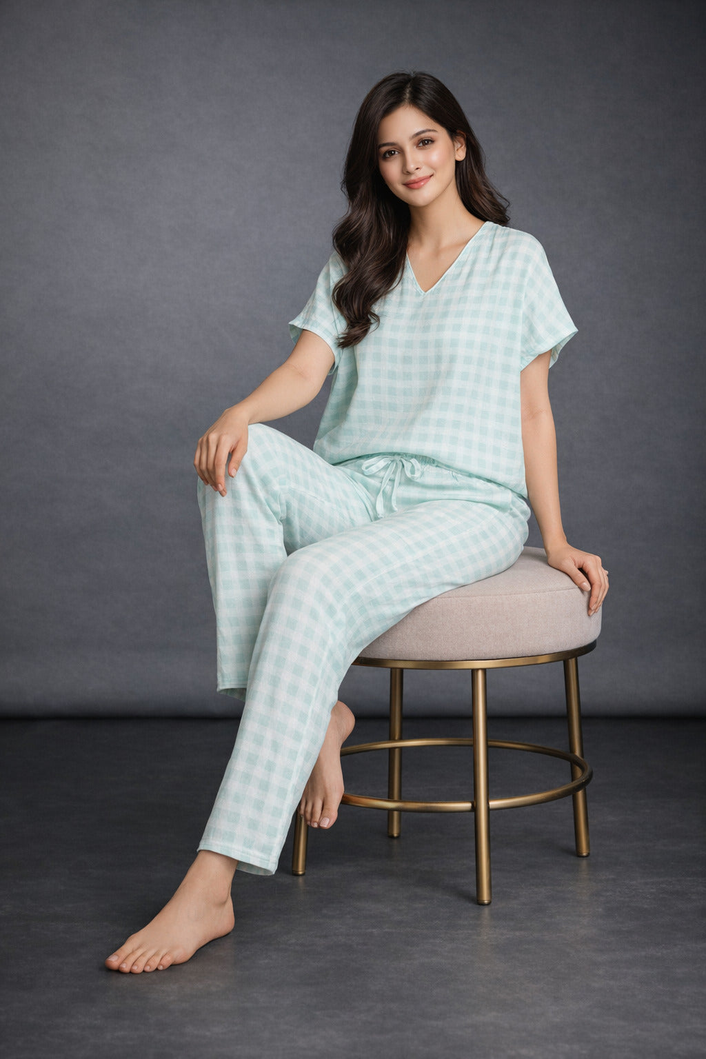 Women’s Cotton Checkered Night Suit | Short Sleeve V-Neck Top with Elastic Waist Pajama | Soft & Breathable Loungewear Set for Women