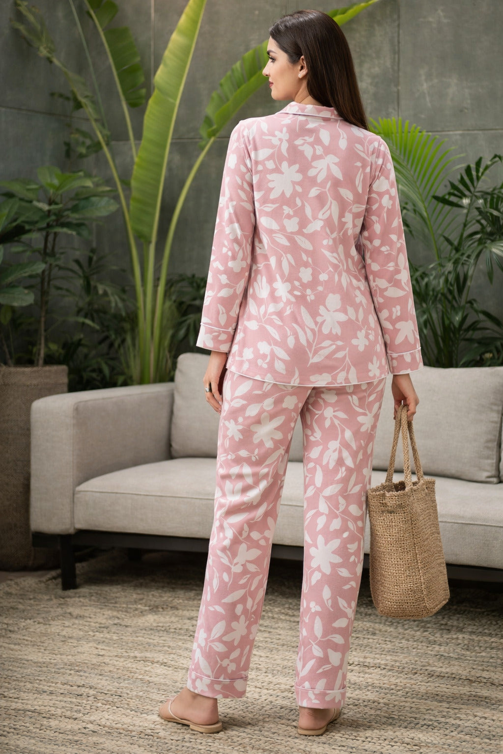 Women’s Cotton Leaf Print Night Suit | Full Sleeve Button-Down Shirt with Elastic Waist Pajama | Soft & Breathable Loungewear Set for Women
