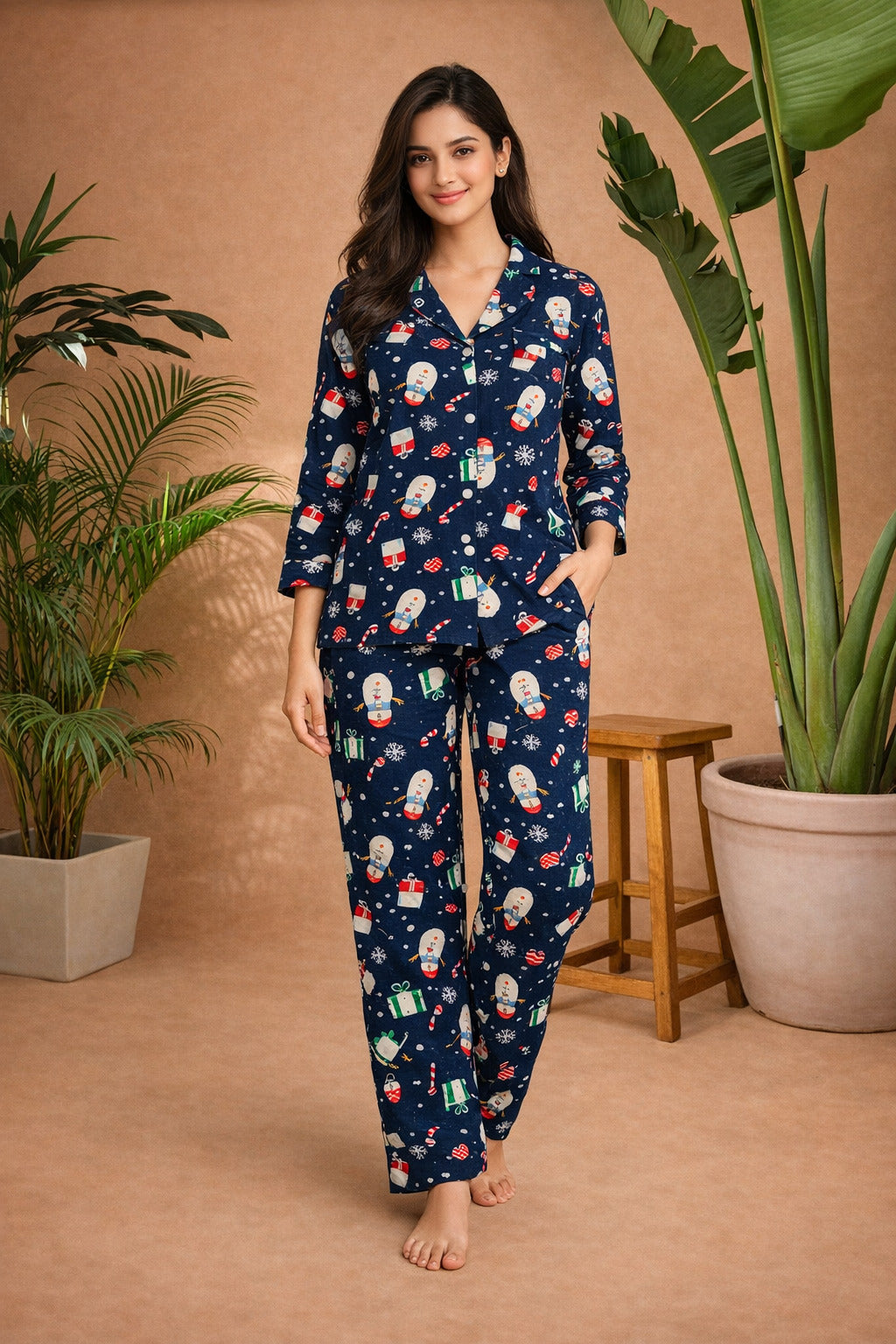 Women’s Cotton Printed Night Suit | Full Sleeve Button-Down Shirt with Elastic Waist Pajama | Soft & Breathable Sleepwear Set for Women