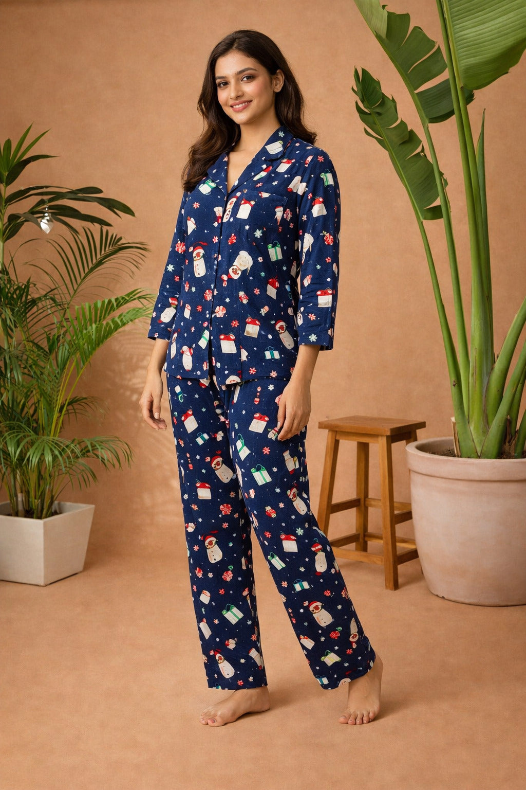 Women’s Cotton Printed Night Suit | Full Sleeve Button-Down Shirt with Elastic Waist Pajama | Soft & Breathable Sleepwear Set for Women