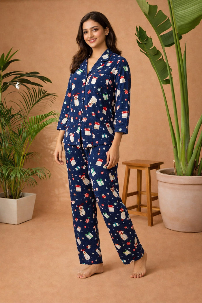 Blue Printed Cotton Night Suit