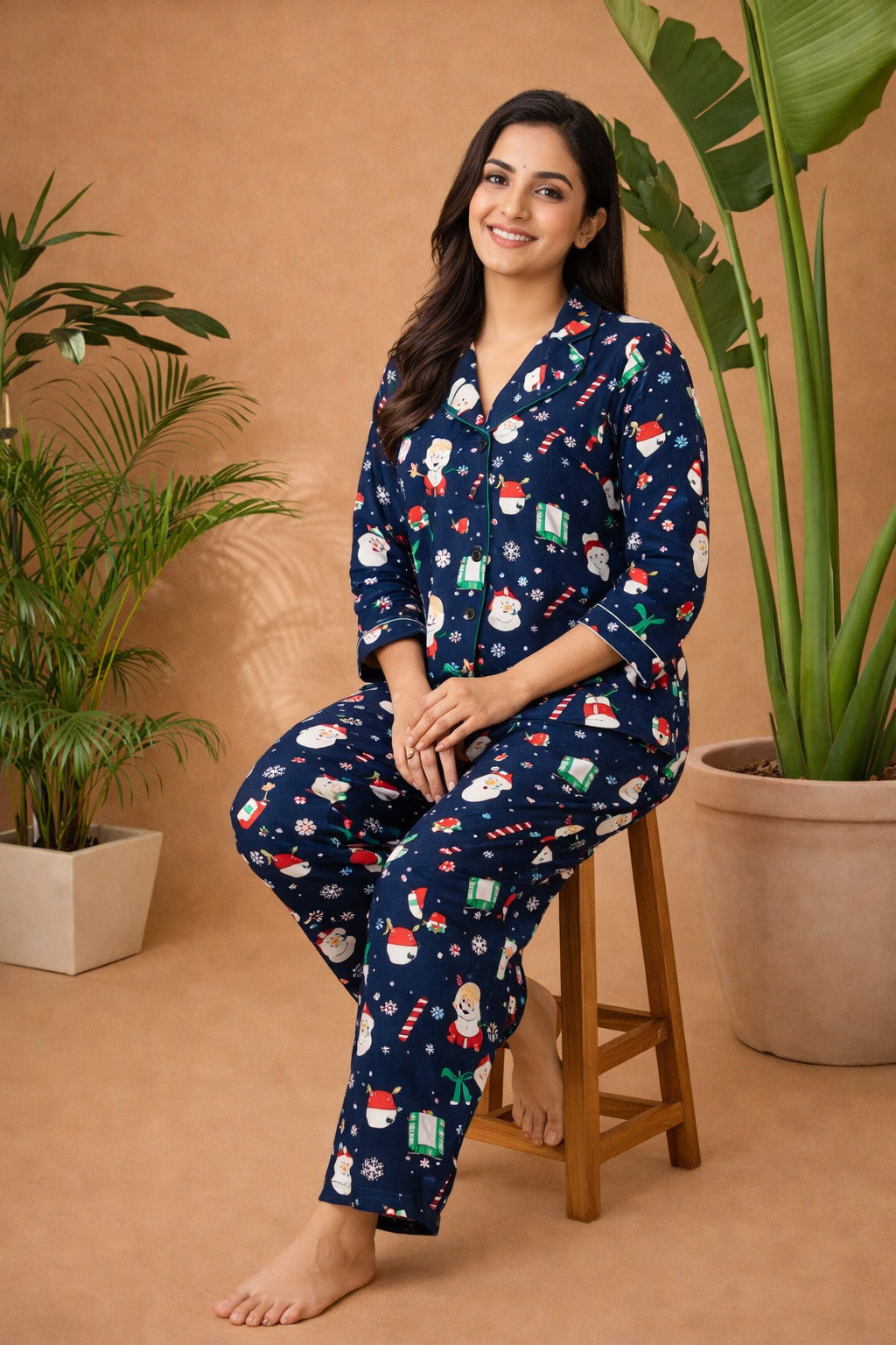 Women’s Cotton Printed Night Suit | Full Sleeve Button-Down Shirt with Elastic Waist Pajama | Soft & Breathable Sleepwear Set for Women