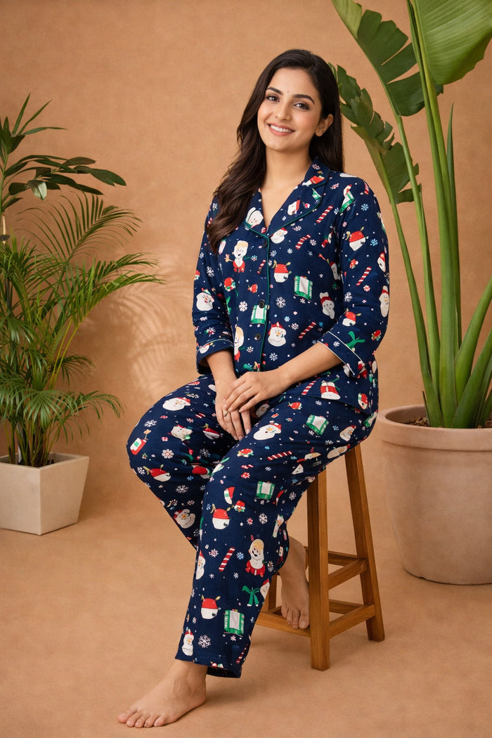 Blue Printed Cotton Night Suit