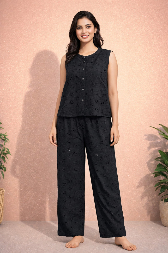 Black Sleeveless Cotton Night Suit