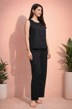 Women’s Cotton Sleeveless Night Suit | Button-Front Top with Wide-Leg Pajama | Soft & Breathable Loungewear Set for Women